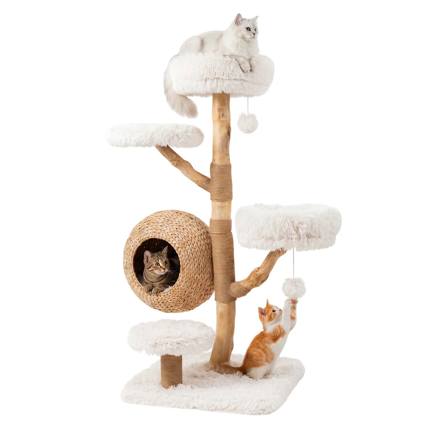 Gray 5-tier wooden cat tree with woven condo, plush perches, jute posts, and hanging balls for cats.