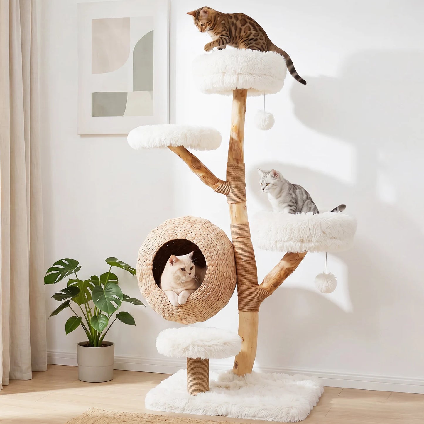 Gray 5-tier wooden cat tree with woven condo, plush perches, jute posts, and balls for cats, by Wilsons Home Store.