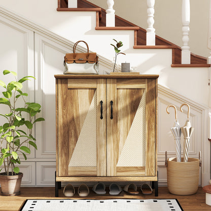 5-Tier Wooden Farmhouse Shoe Cabinet with Woven Rattan Doors-Natural