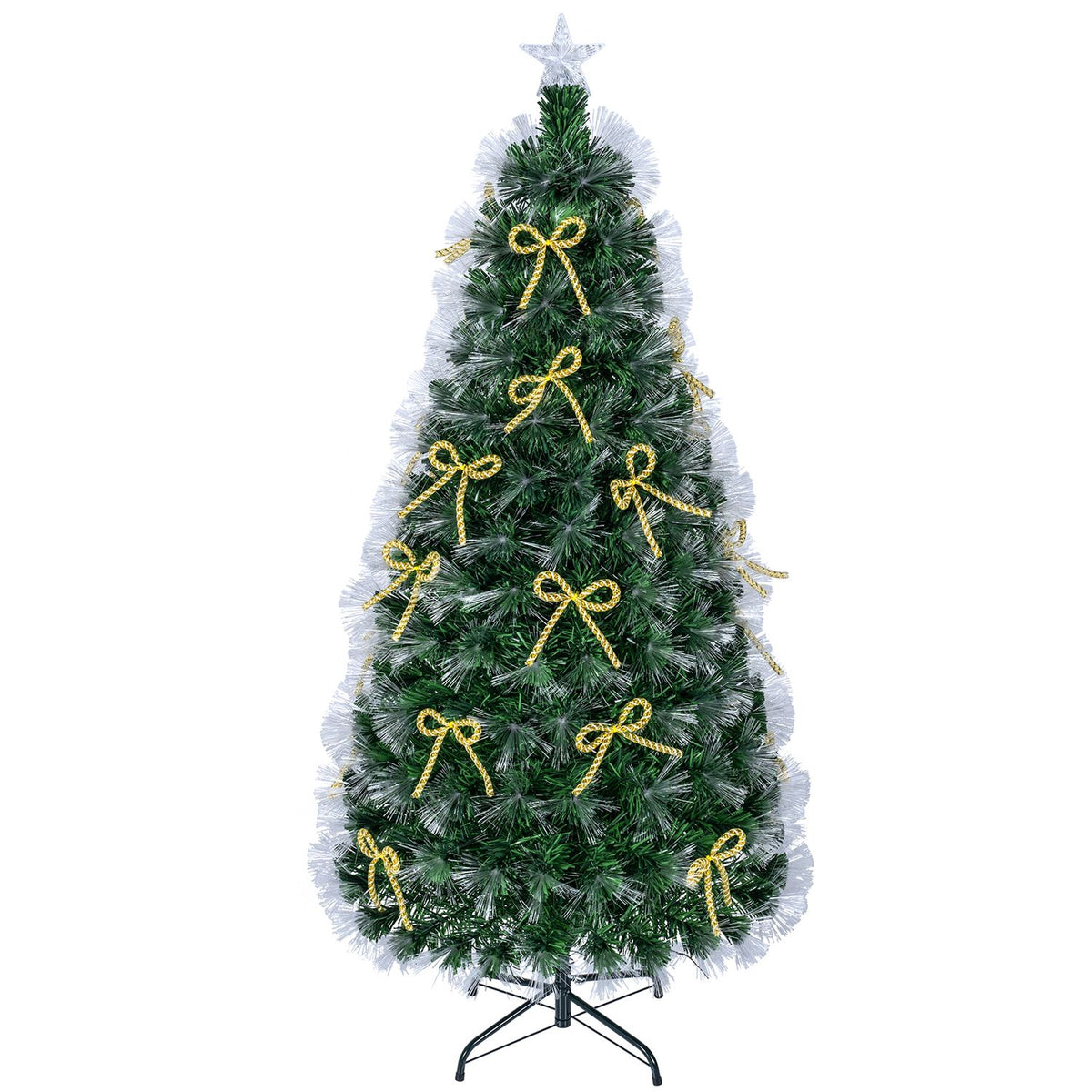 5-foot fiber optic artificial Christmas tree with shimmering optical fibers, decorated for holiday season.
