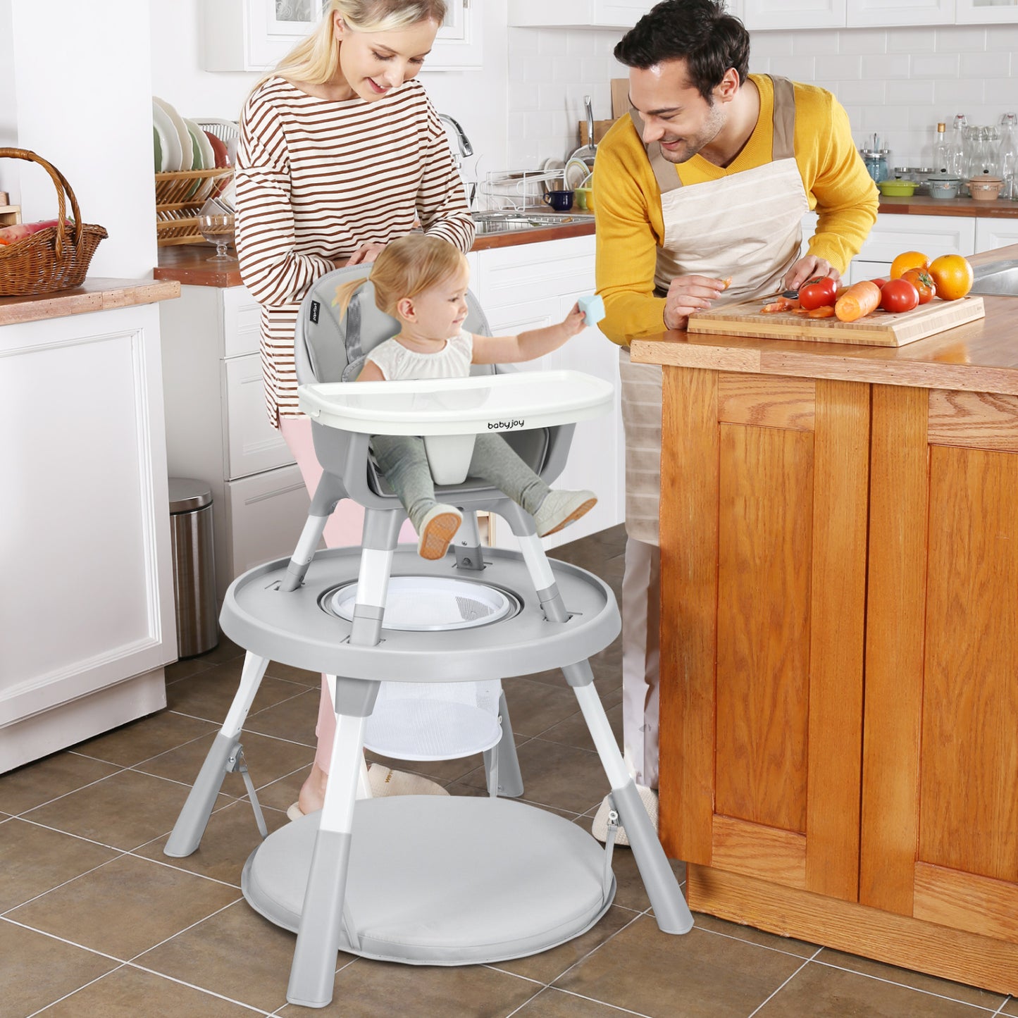 5-in-1 Baby Highchair with Height Adjustable and 2-Tier Tray Storage Busket-Gray