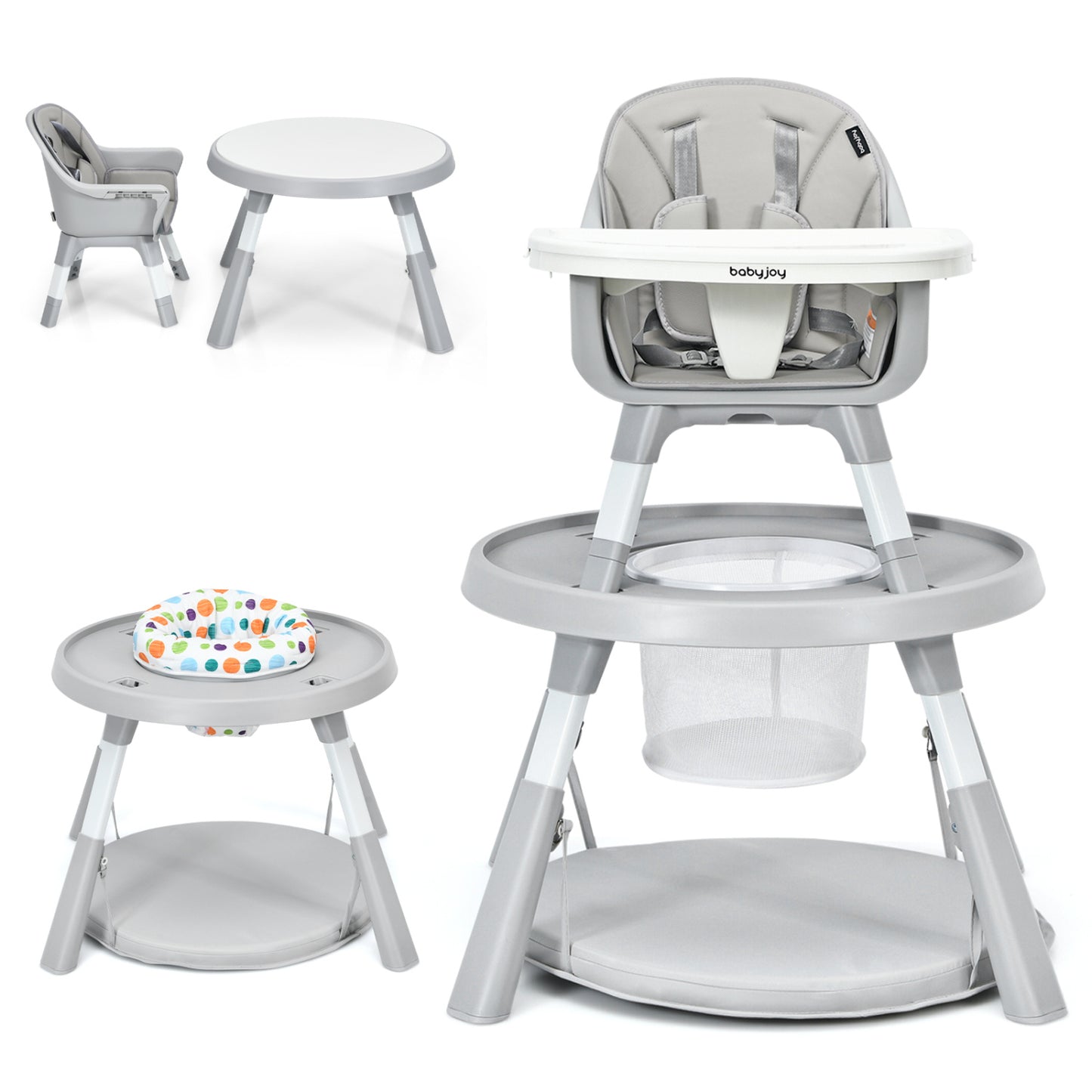 5-in-1 Baby Highchair with Height Adjustable and 2-Tier Tray Storage Busket-Gray