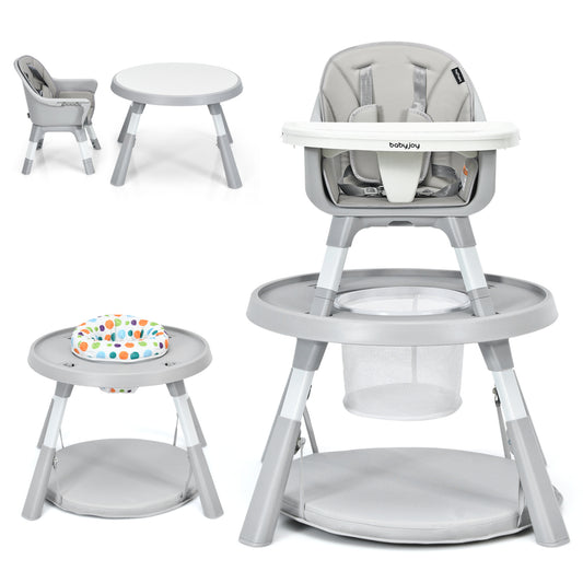 Gray 5-in-1 baby highchair with adjustable height and two-tier tray storage, designed for nursery use and easy feeding.