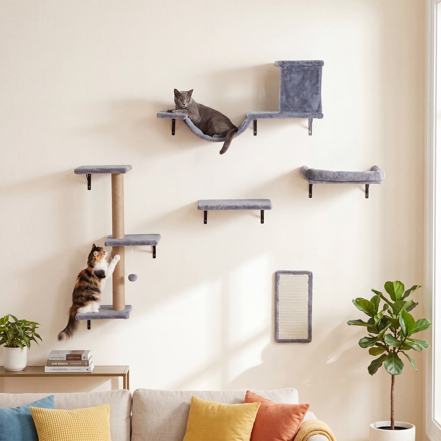 5-in-1 Cat Wall Shelves with Condo Bridge Perch Platform Scratching Post and Board for Indoor-Gray