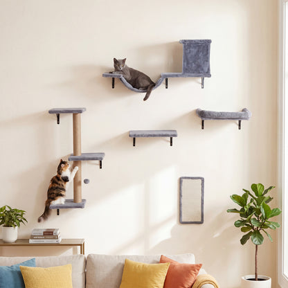 5-in-1 Cat Wall Shelves with Condo Bridge Perch Platform Scratching Post and Board for Indoor-Gray