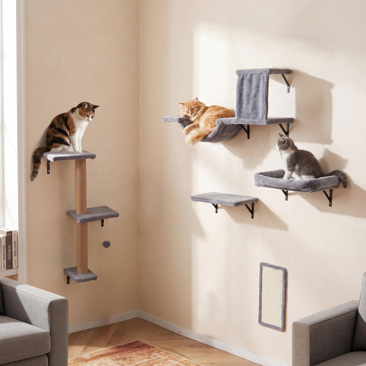 5-in-1 Cat Wall Shelves with Condo Bridge Perch Platform Scratching Post and Board for Indoor-Gray