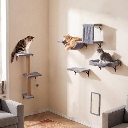 5-in-1 Cat Wall Shelves with Condo Bridge Perch Platform Scratching Post and Board for Indoor-Gray