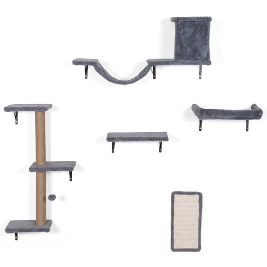 Gray 5-in-1 cat wall shelves with condo, bridge, perch, scratching post, and board for indoor cats, by Wilsons Home Store.
