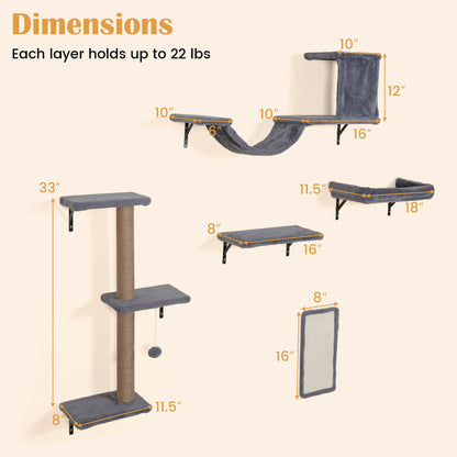 5-in-1 Cat Wall Shelves with Condo Bridge Perch Platform Scratching Post and Board for Indoor-Gray