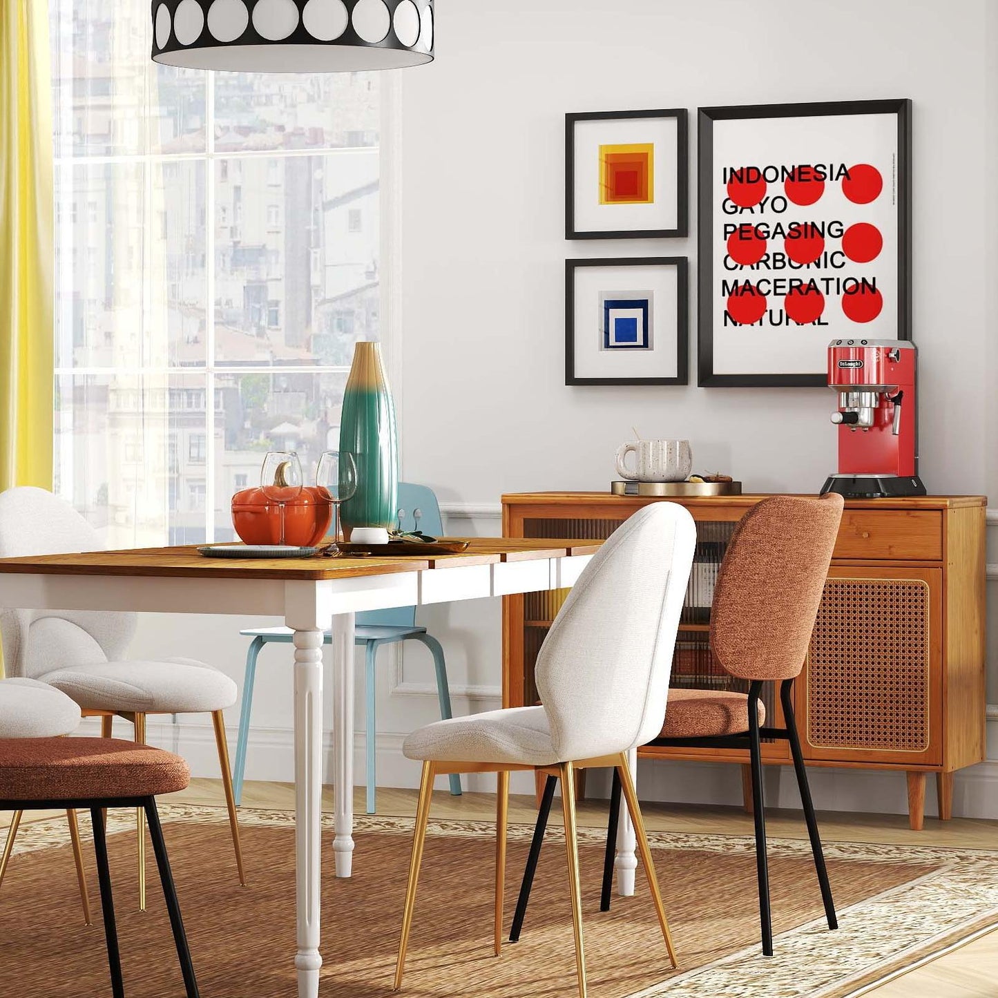 5-in-1 Complete Dining Room Set: Extendable Table  4 Chairs  Electric Fireplace  Media Console & Bamboo Sideboard