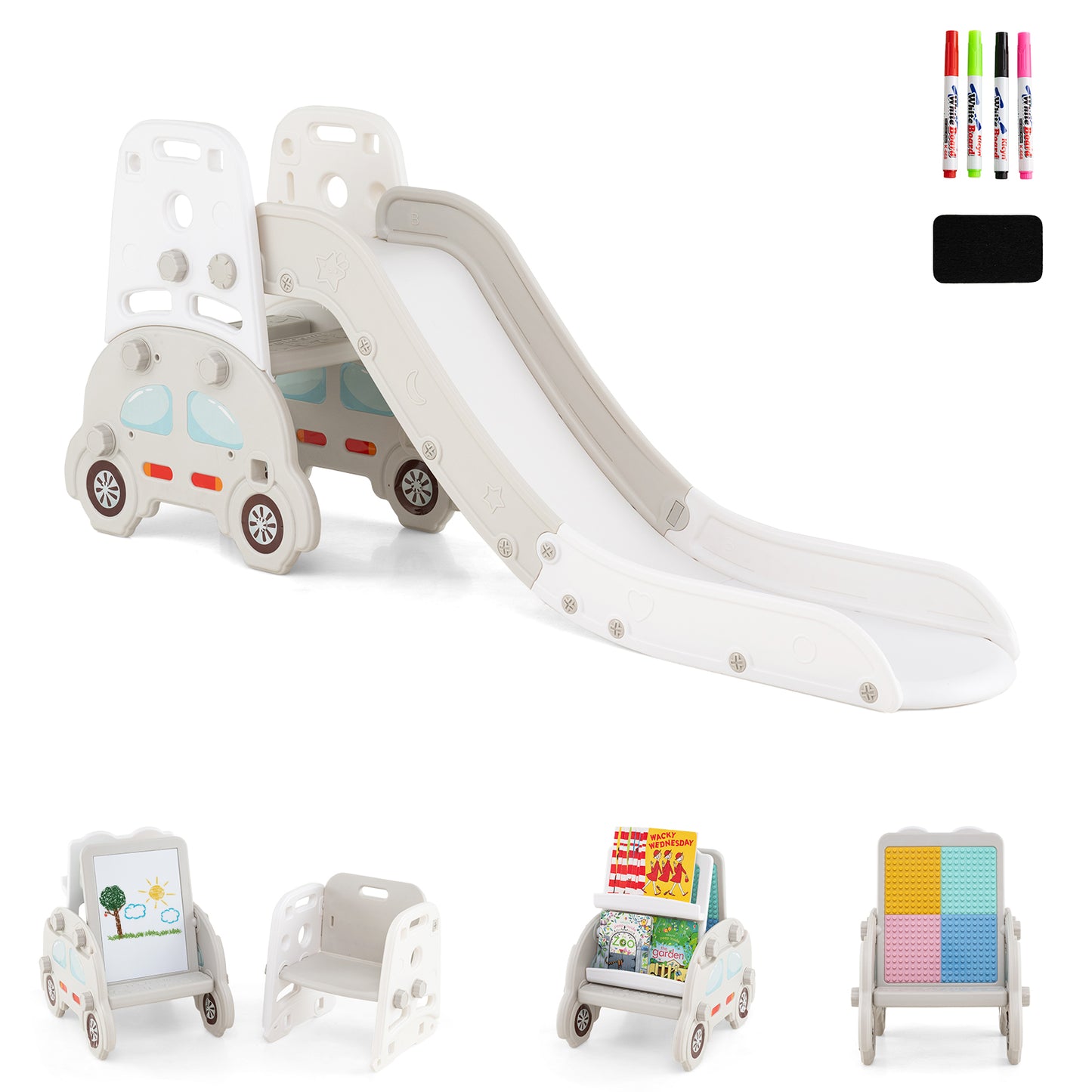 5 in 1 Convertible Toddler Slide Set Kids Art Easel with Stool and Book Rack-Gray