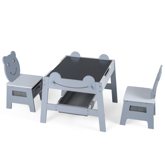 5-in-1 Toddler Table and 2 Chairs Cute Art Desk Set with Reversible Chalkboard Whiteboard-Grey