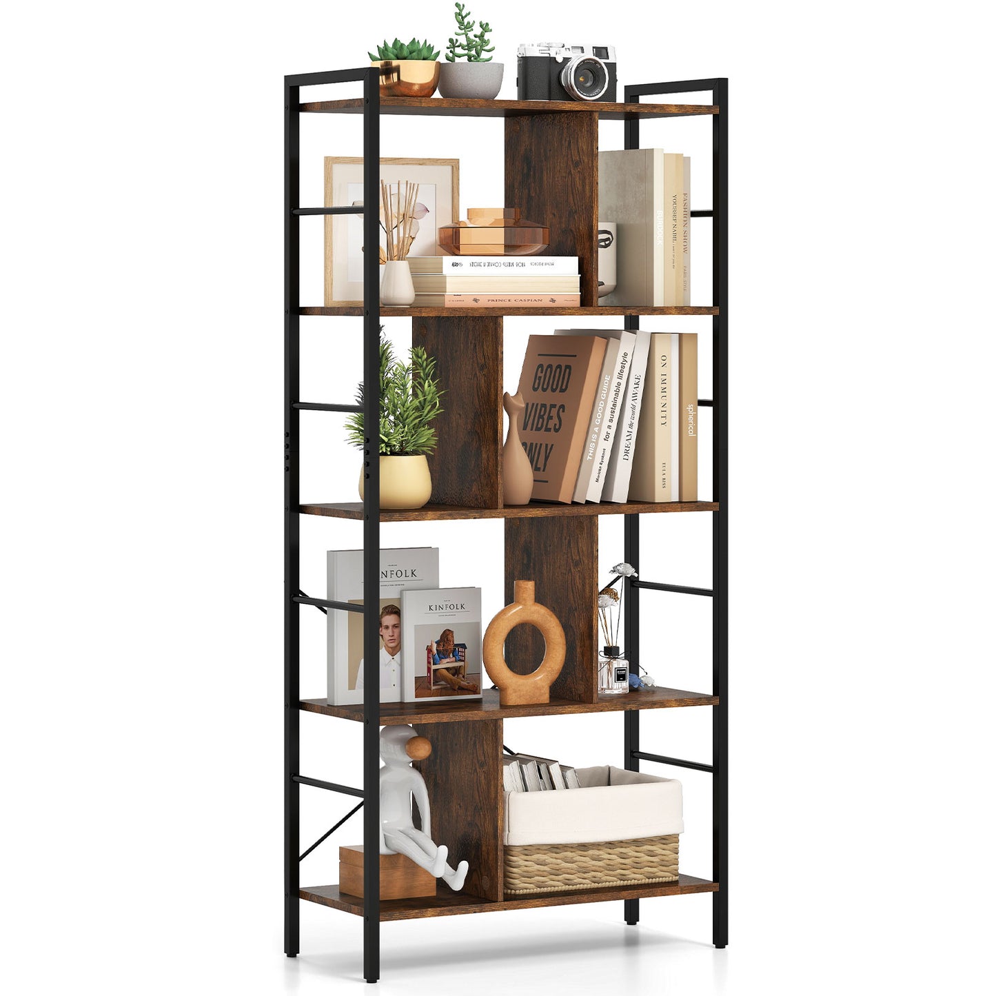 5-tier Bookcase 61 Inch Tall Industrial Bookshelf with Metal Frame