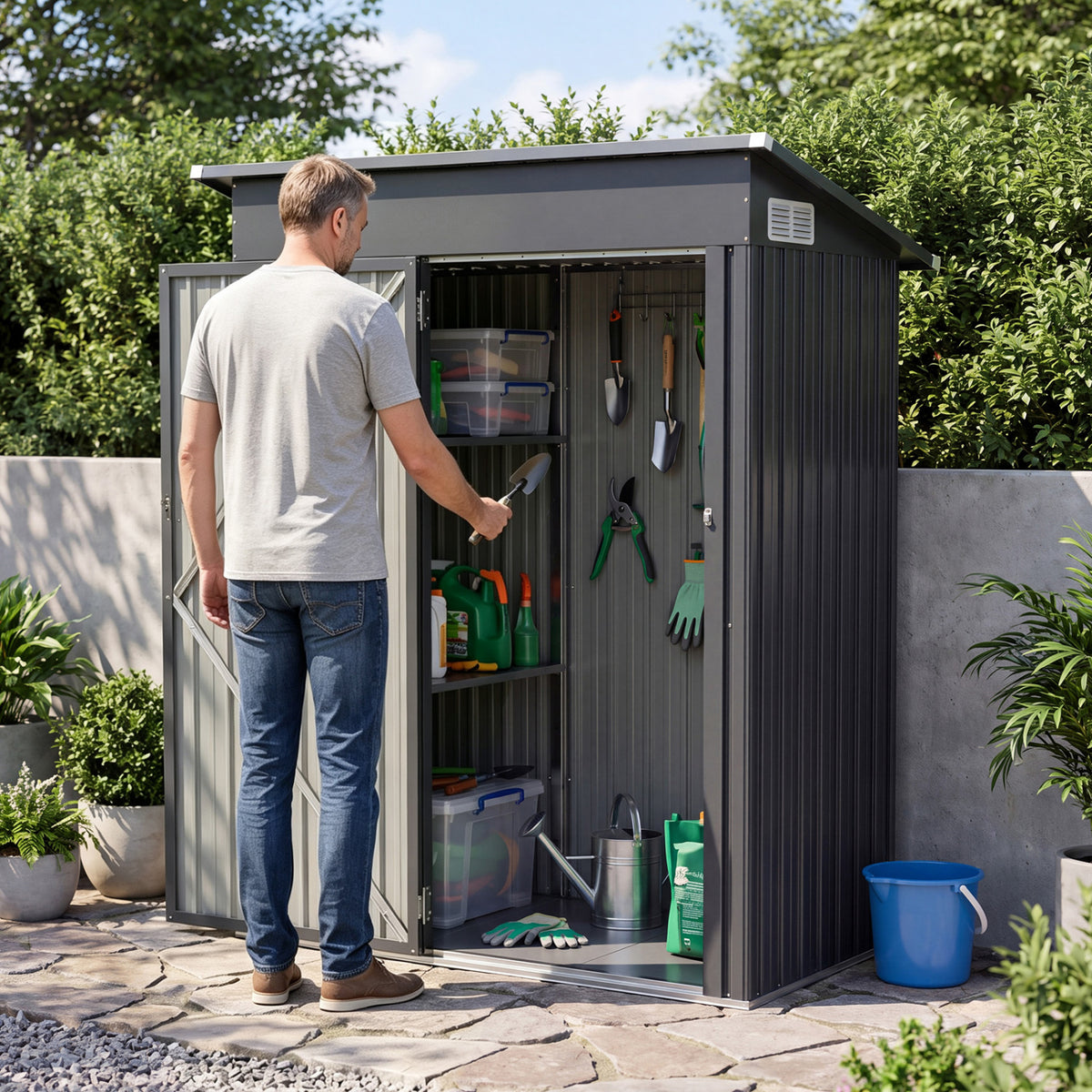 5 x 3 FT Outdoor Storage Shed with Floor Frame Slop Roof and Lockable Door-Gray