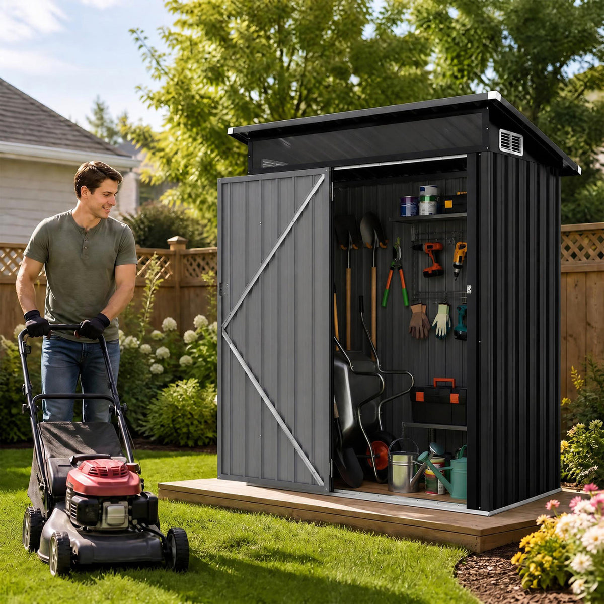 5 x 3 FT Outdoor Storage Shed with Lockable Door Sloping Roof and Vents-Gray