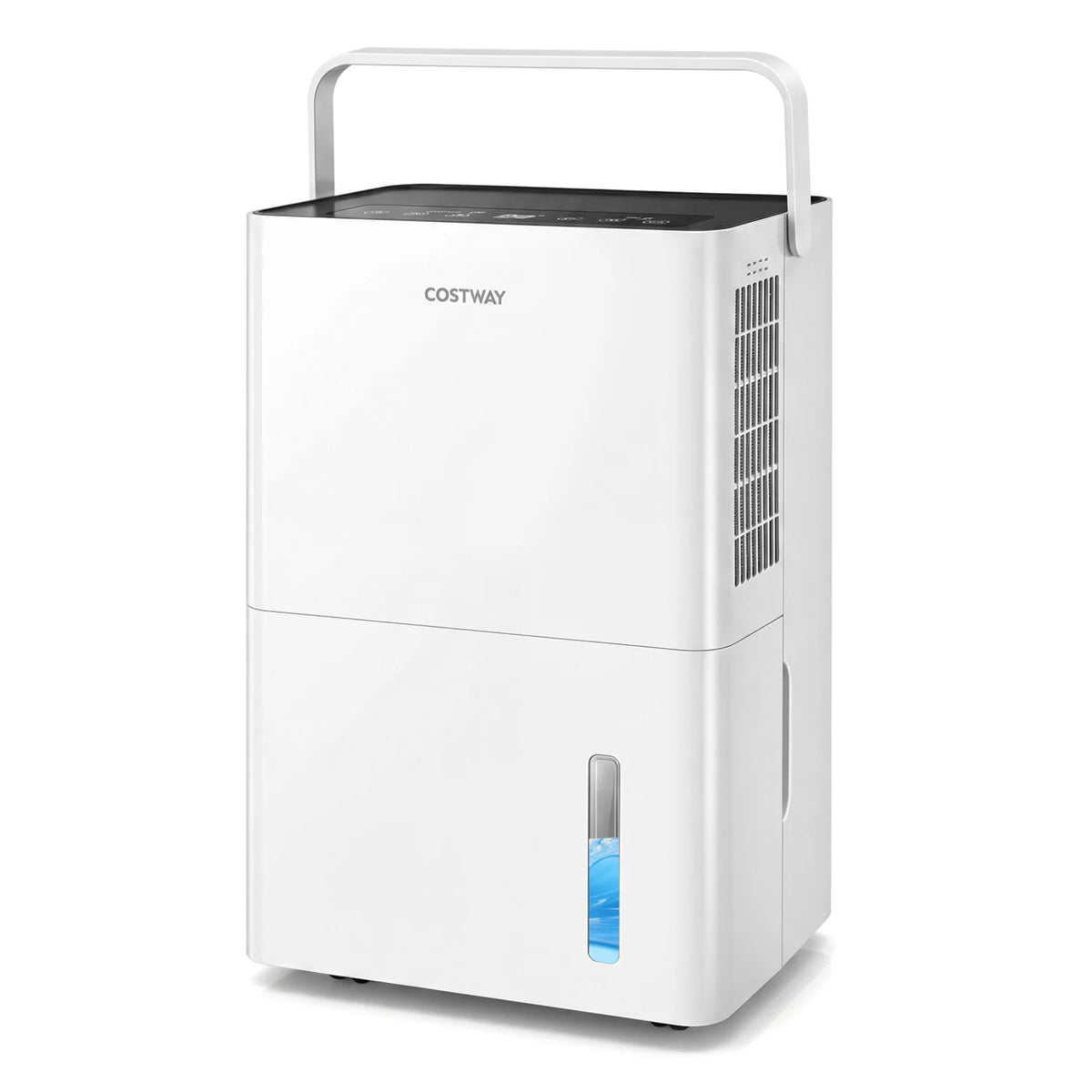 White 6000 sq ft 120-pint compressor dehumidifier with smart humidity control and drain hose for bedroom use.