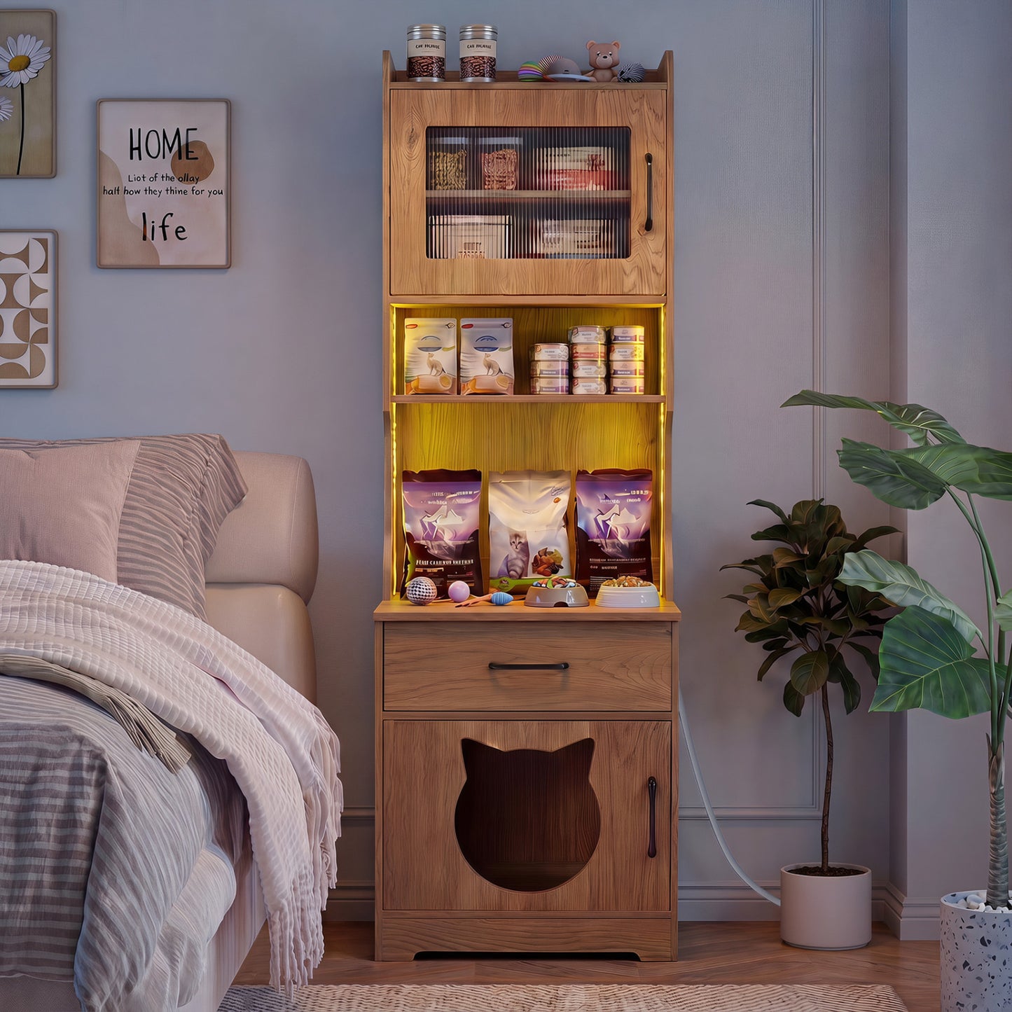 60" Cat Litter Box Enclosure with Adjustable LED Light & Storage Shelves and Charging Station-Natural