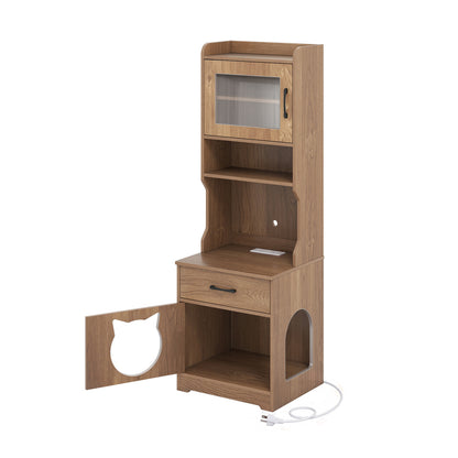 60" Cat Litter Box Enclosure with Adjustable LED Light & Storage Shelves and Charging Station-Natural