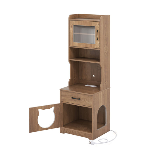 60" Cat Litter Box Enclosure with Adjustable LED Light & Storage Shelves and Charging Station-Natural