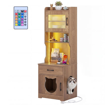 60" Cat Litter Box Enclosure with Adjustable LED Light & Storage Shelves and Charging Station-Natural