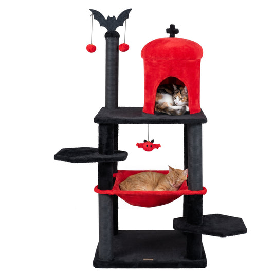 Black Gothic 60-inch cat tower with plush perch, spider toys, and Halloween-themed design for cats.