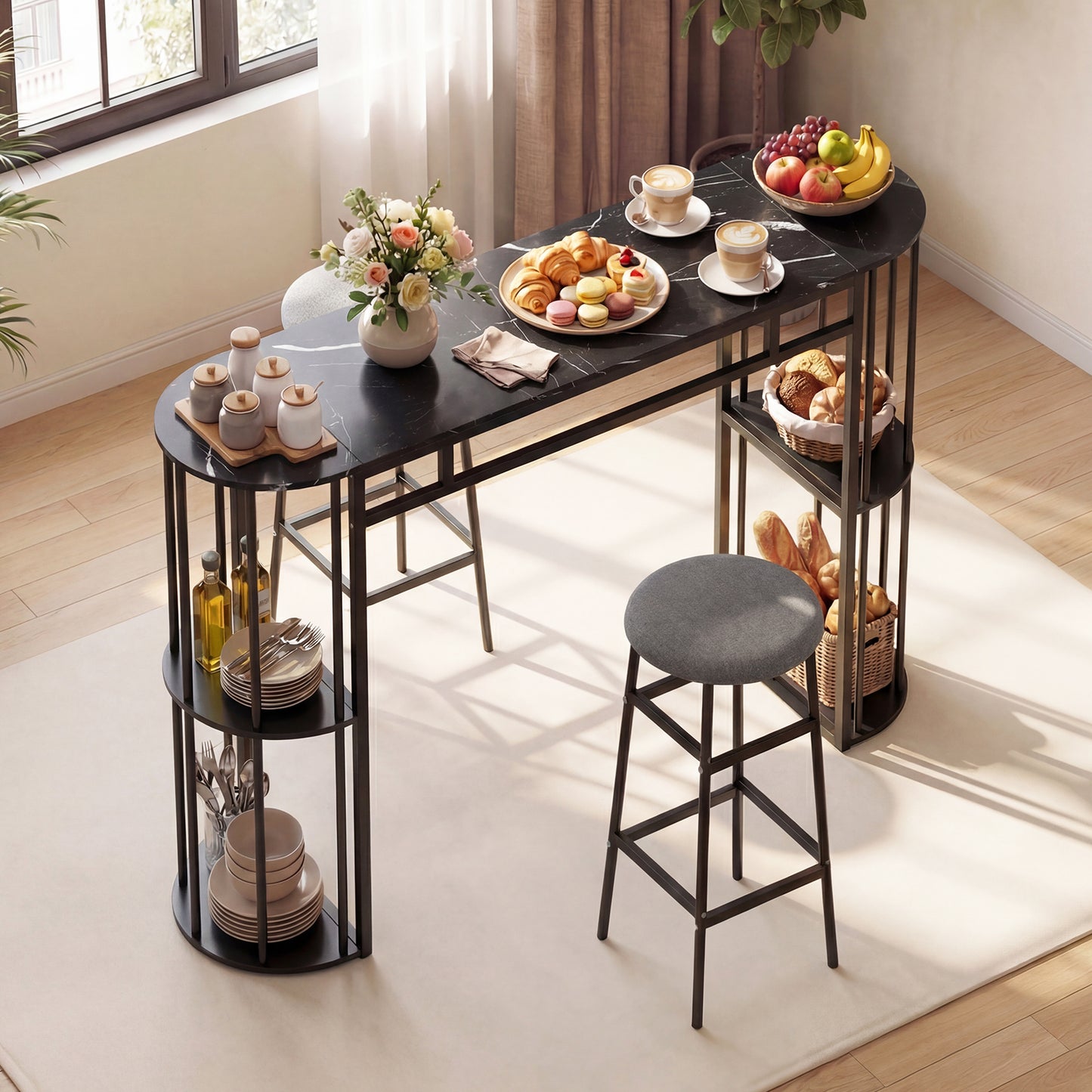 60 Inch Dining Table and 2 Upholstered Barstools with Faux Marble Tabletop-Gray