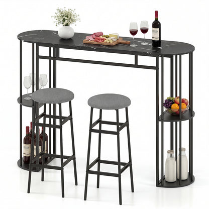 60 Inch Dining Table and 2 Upholstered Barstools with Faux Marble Tabletop-Gray