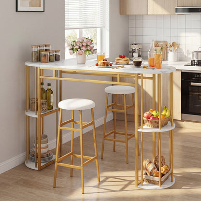60 Inch Dining Table and 2 Upholstered Barstools with Faux Marble Tabletop-Gray