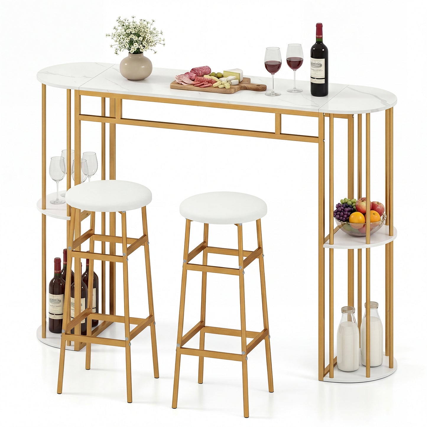 60 Inch Dining Table and 2 Upholstered Barstools with Faux Marble Tabletop-Gray