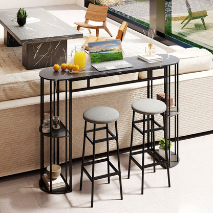 60 Inch Long Bar Table Narrow with Faux Marble Tabletop and Storage Shelves-Black