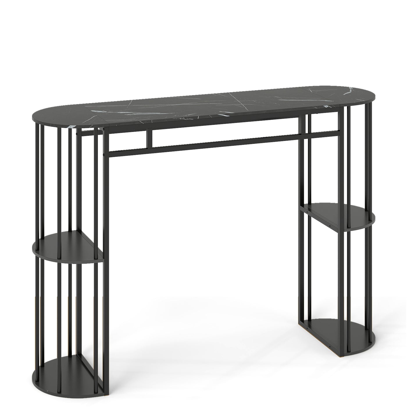 60 Inch Long Bar Table Narrow with Faux Marble Tabletop and Storage Shelves-Black