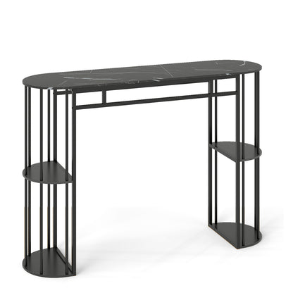 60 Inch Long Bar Table Narrow with Faux Marble Tabletop and Storage Shelves-Black