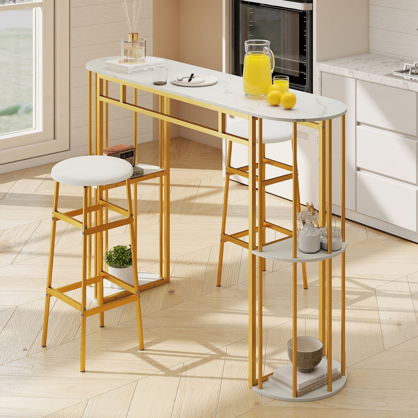 60 Inch Long Bar Table Narrow with Faux Marble Tabletop and Storage Shelves-Black