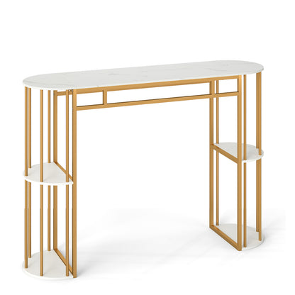 60 Inch Long Bar Table Narrow with Faux Marble Tabletop and Storage Shelves-Black