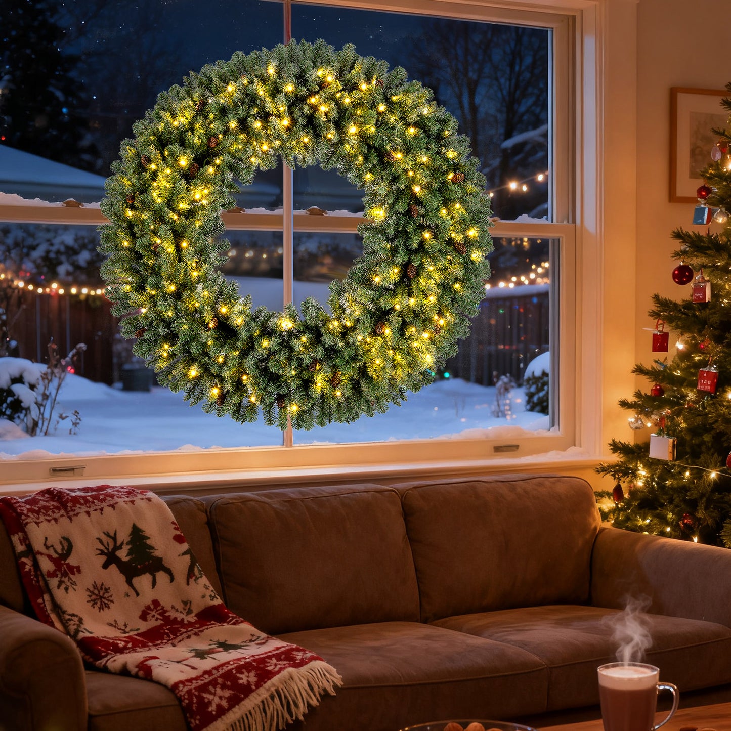 60 Inch Pre-Lit Artificial Christmas Wreath 200 LED Warm White Lights-Set of 2