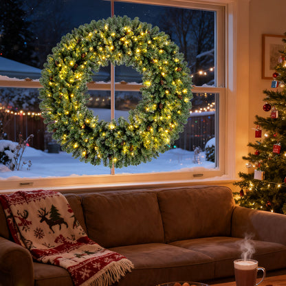 60 Inch Pre-Lit Artificial Christmas Wreath 200 LED Warm White Lights-Set of 2