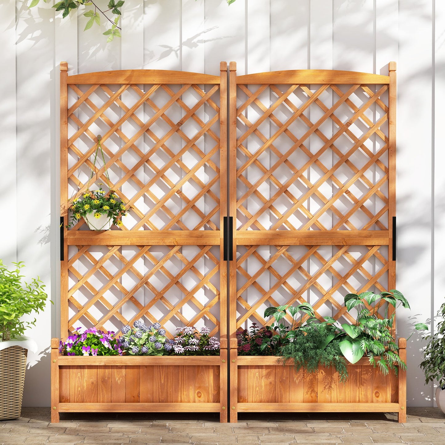 60 Inch Tall Raised Garden Bed with Diamond Lattice Trellis and Drainage Holes-Orange