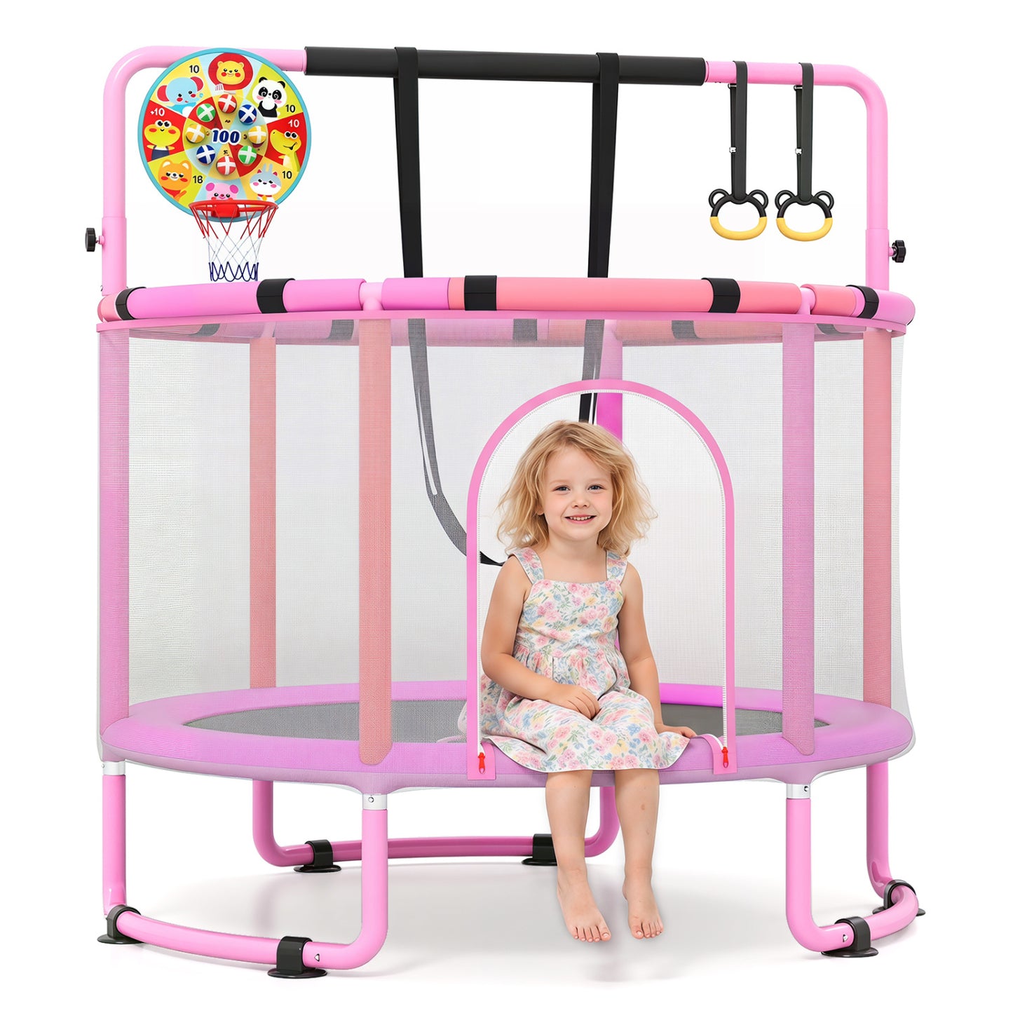 Green 60-inch 6-in-1 kids trampoline with gymnastics bar, outdoor toy for toddlers and children, by Wilsons Home Store.