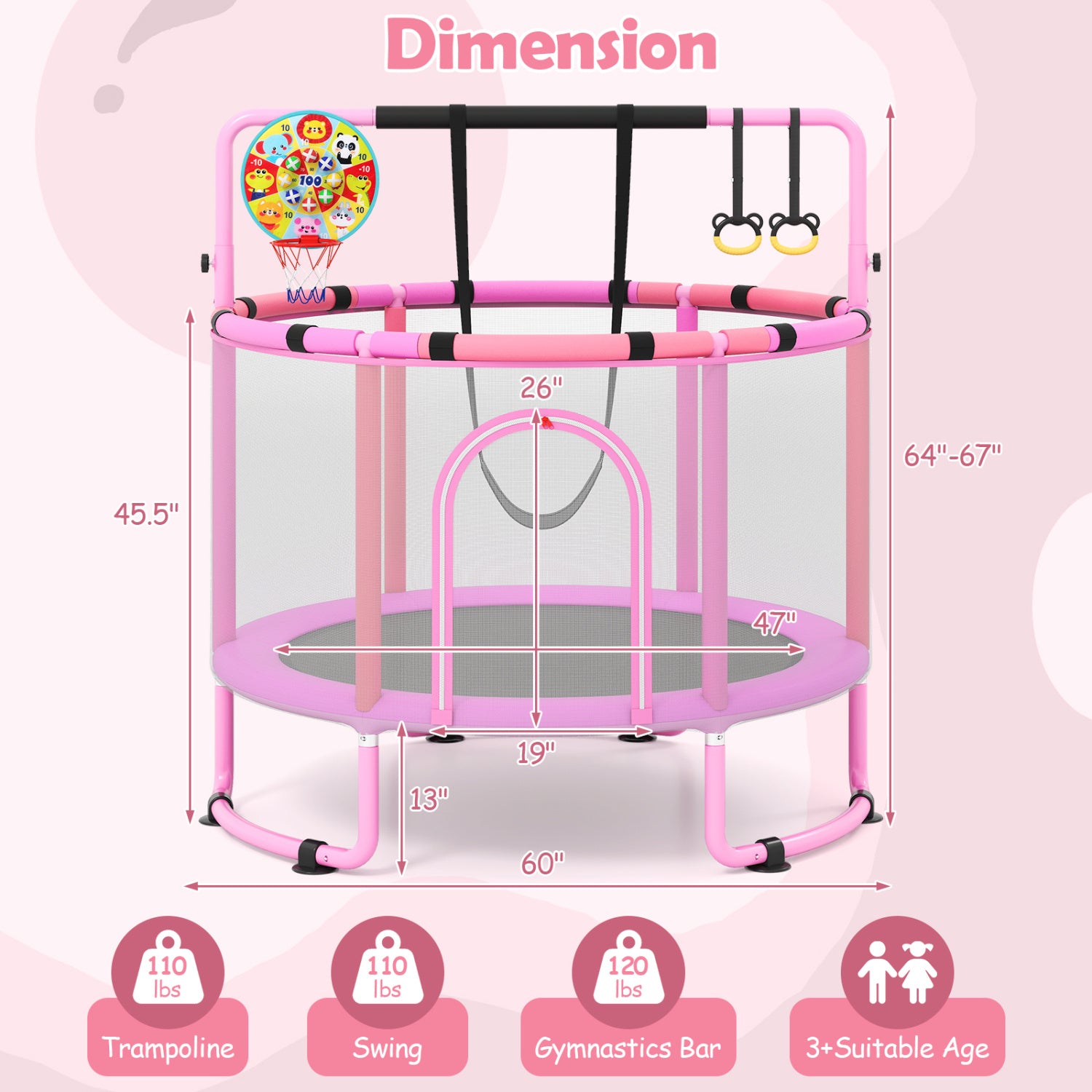Green 60-inch 6-in-1 kids trampoline with gymnastics bar, outdoor toy for toddlers and children, by Wilsons Home Store.