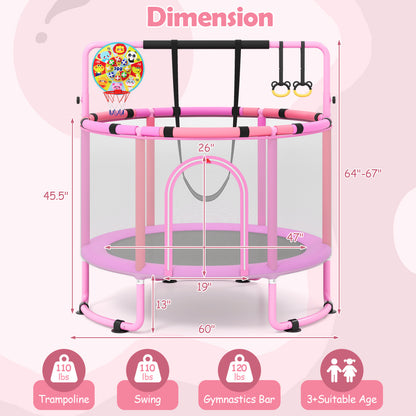 Green 60-inch 6-in-1 kids trampoline with gymnastics bar, outdoor toy for toddlers and children, by Wilsons Home Store.