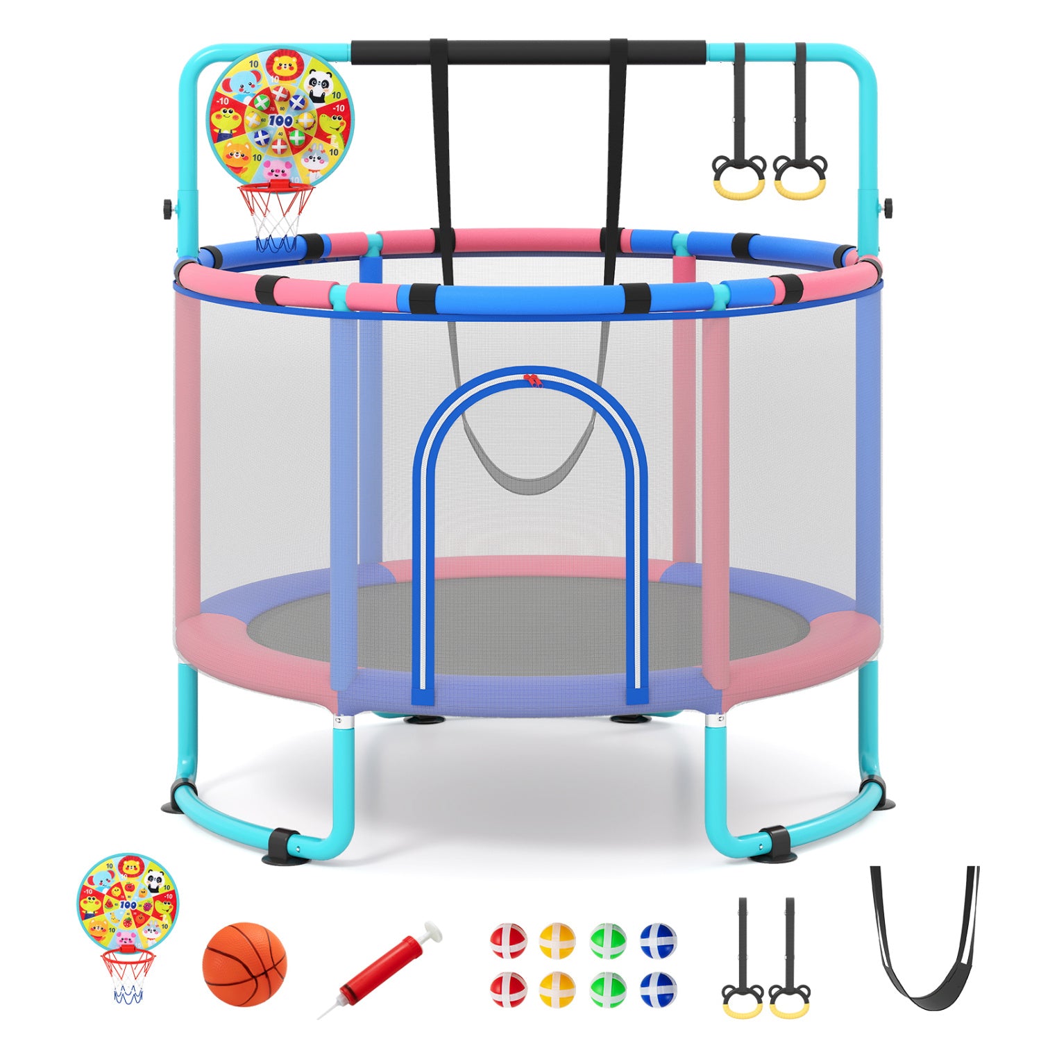 Green 60-inch 6-in-1 kids' toddler trampoline with gymnastics bar, outdoor toy for active play and jumping fun.
