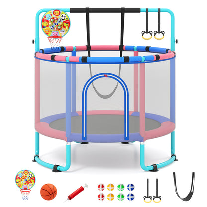 Green 60-inch 6-in-1 kids' toddler trampoline with gymnastics bar, outdoor toy for active play and jumping fun.