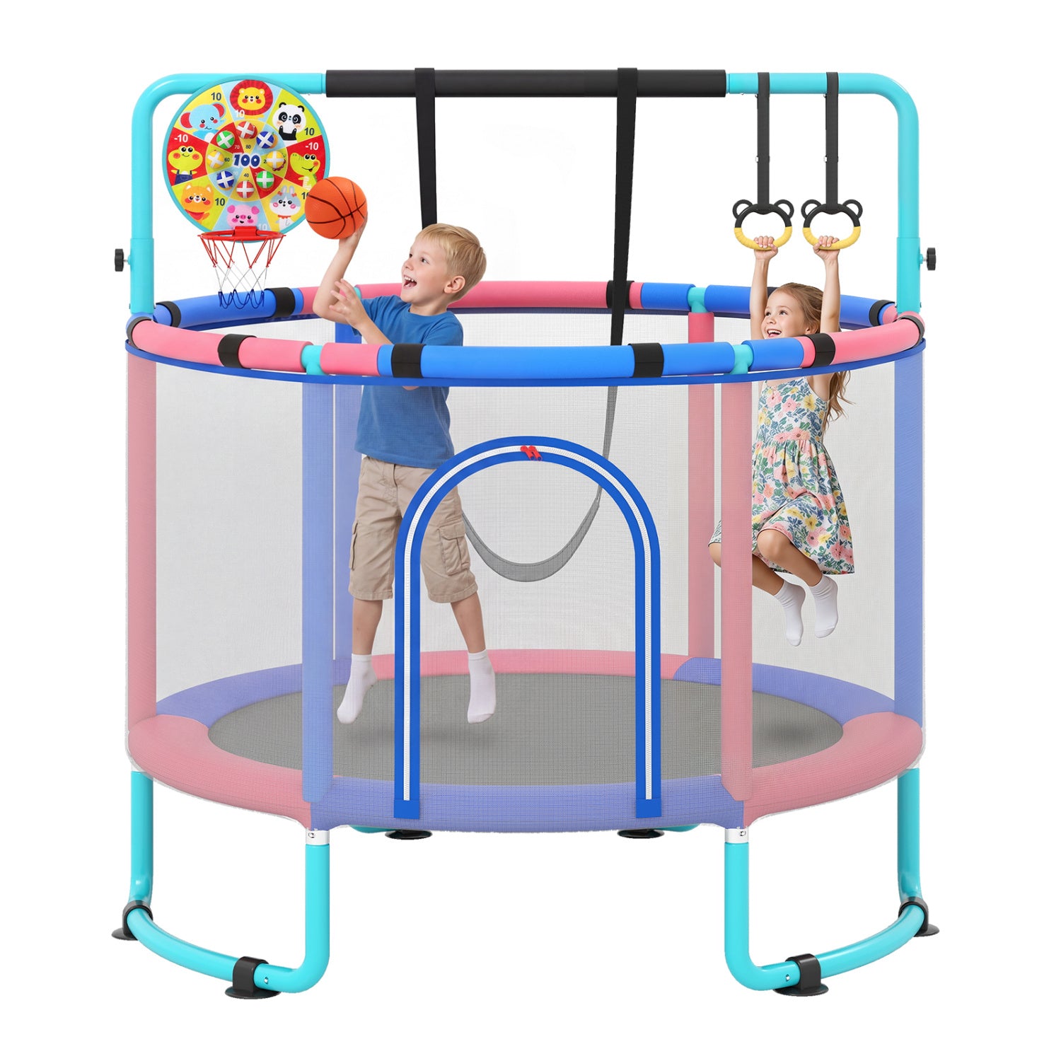 Green 60-inch 6-in-1 kids trampoline with gymnastics bar, outdoor toy from Wilsons Home Store, ideal for active toddler play.