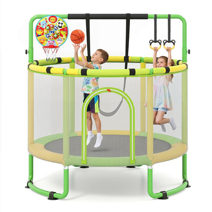 Green 60-inch 6-in-1 kids toddler trampoline with gymnastics bar, outdoor toy for active play, by Wilsons Home Store.