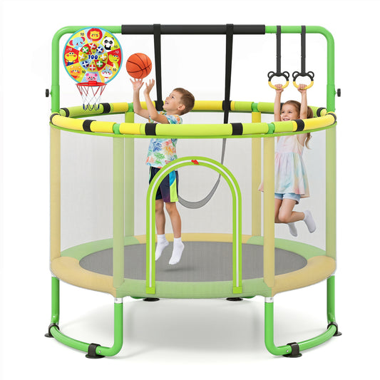 Green 60-inch 6-in-1 kids toddler trampoline with gymnastics bar, outdoor toy for active play, by Wilsons Home Store.