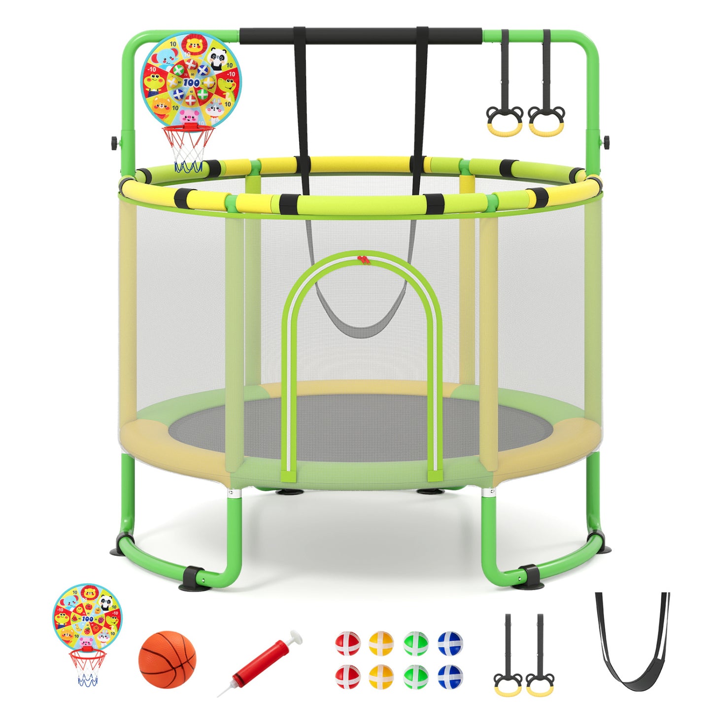 Green 60-inch 6-in-1 kids trampoline with gymnastics bar, outdoor toy for toddlers, by Wilsons Home Store.