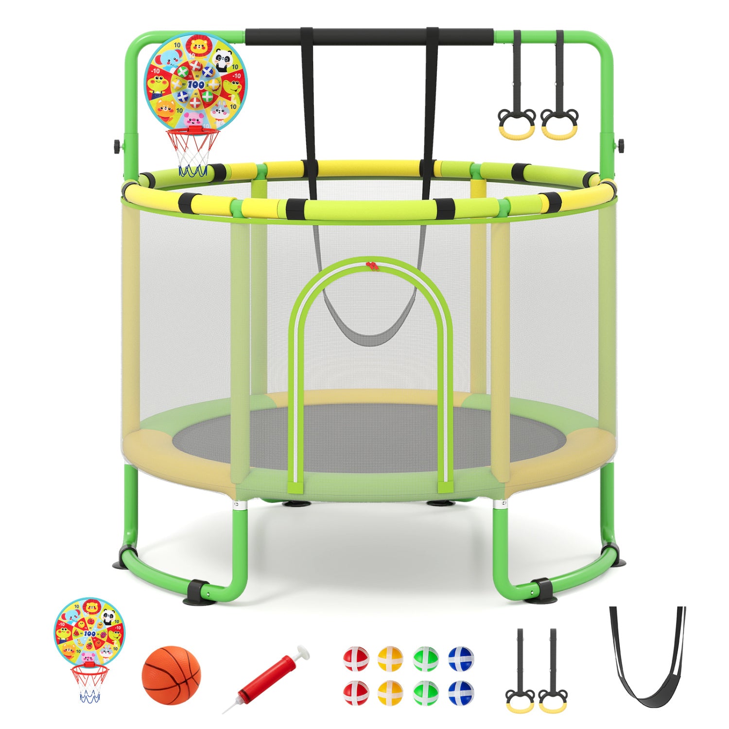 Green 60-inch 6-in-1 kids trampoline with gymnastics bar, outdoor toy for toddlers, by Wilsons Home Store.