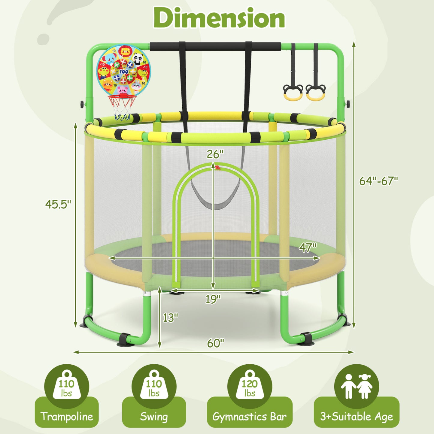 Green 60-inch 6-in-1 kids' toddler trampoline with gymnastics bar, outdoor toy from Wilsons Home Store for active play.