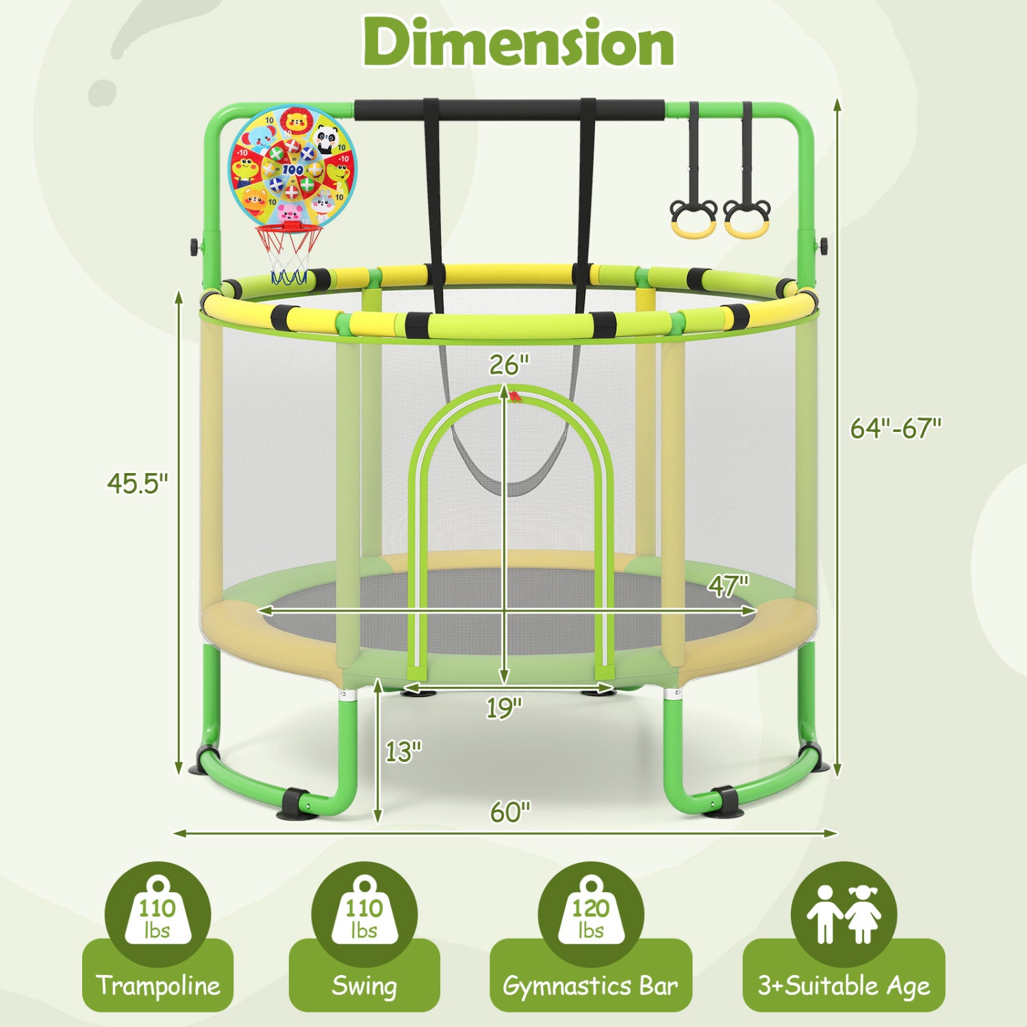 Green 60-inch 6-in-1 kids' toddler trampoline with gymnastics bar, outdoor toy from Wilsons Home Store for active play.