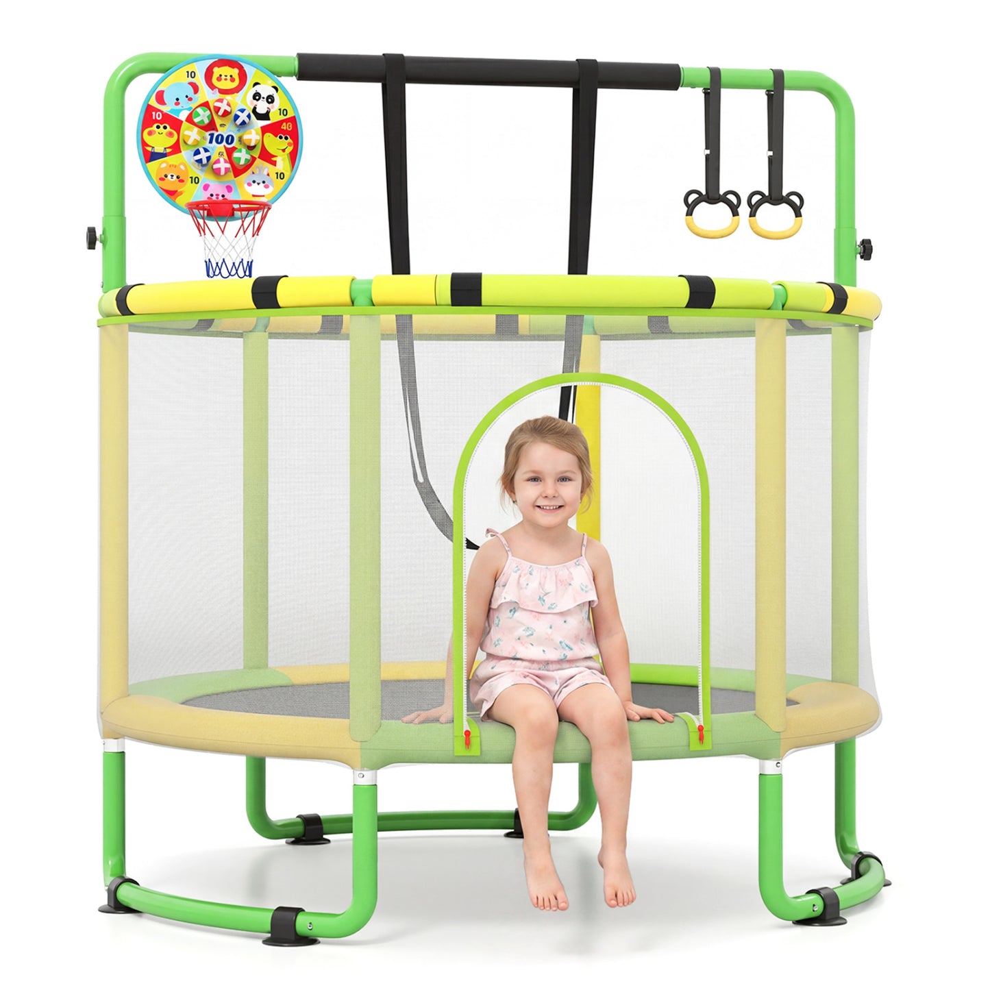 Green 60-inch 6-in-1 kids toddler trampoline with gymnastics bar, outdoor toys and hobbies for active play and bouncing fun.